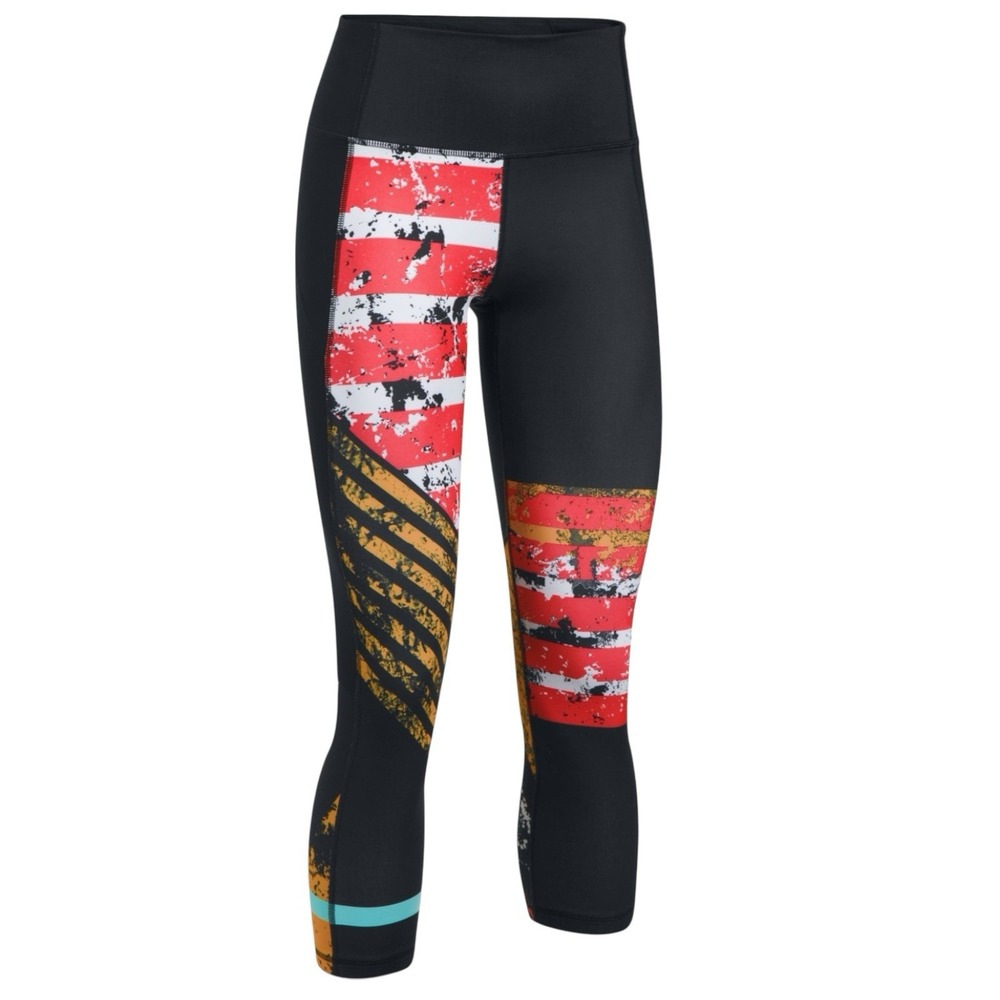 Under Armour HeatGear Women Black Red Gold Distressed Graphic Crop Leggings High